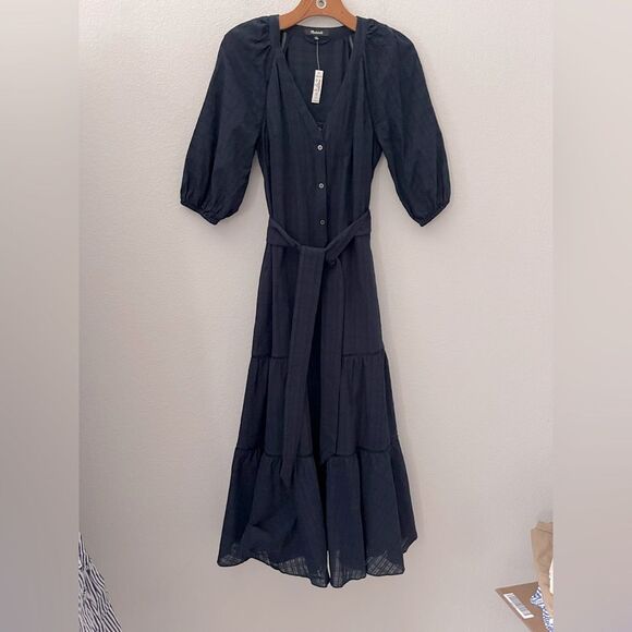 Madewell NWT Tie-Waist Tiered Midi Dress Size 0 in Windowpane Navy - Picture 9 of 12